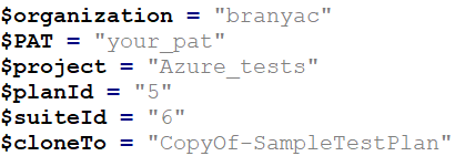 Image of Powershell script with the values for the variables used in this example